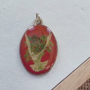 Vintage Brass Oval Pendant With White Dove & Holly Design- Holy pendant